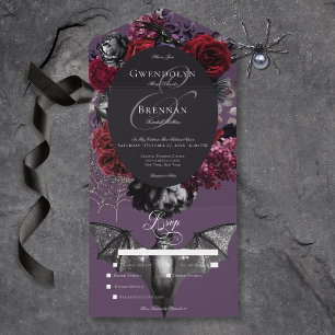 Invitation Tout En Un Dîner Mariage Fleur violet foncé d'Halloween Glam