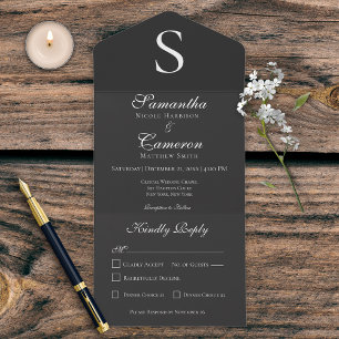 Invitation Tout En Un Dîner Noir Monogramme Moderne