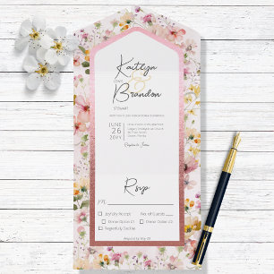 Invitation Tout En Un Dîner Rustique Fleur sauvage Rose