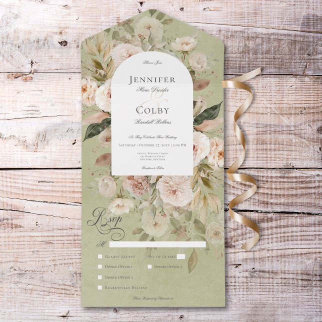 Invitation Tout En Un Dîner Rustique Neutre Tan & Vert Arc Floral (Rustic Neutral Tan & Green Floral Arch Dinner All In One Invitation)