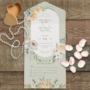Invitation Tout En Un Dîner vert Crème & Boho Jaune Sage Floral