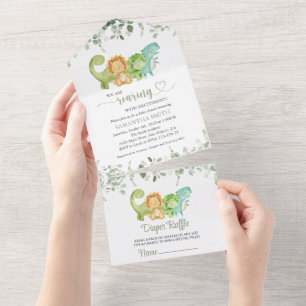 Invitation Tout En Un Dinosaures mignons, T-Rex, Jurassique, Baby shower