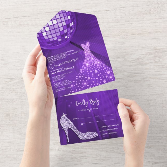 Invitation Tout En Un Disco Ball, Stiletto, Ball Gown Purple Quinceañera (Déchirure)