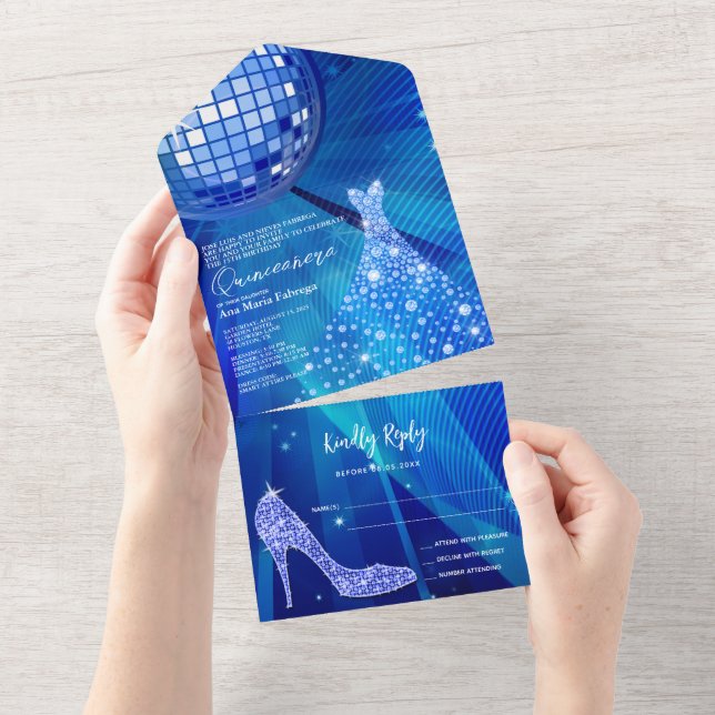 Invitation Tout En Un Disco Ball, Stiletto et Ball Gown Blue Quinceañera (Déchirure)