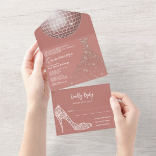 Invitation Tout En Un Disco Ball, Stiletto et Ball Gown Quinceañera