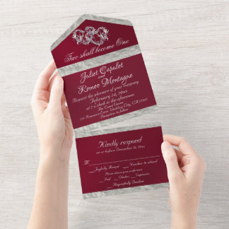 Invitation Tout En Un Double Hearts & Ribbon - Burgundy/Silver