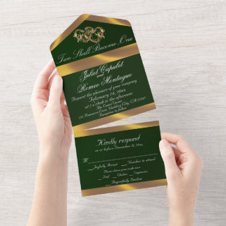 Invitation Tout En Un Double Hearts & Ribbon - Emerald/Gold