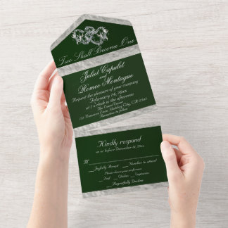 Invitation Tout En Un Double Hearts & Ribbon - Emerald/Silver