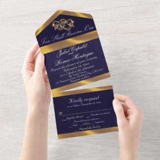 Invitation Tout En Un Double Hearts & Ribbon - Navy/Gold