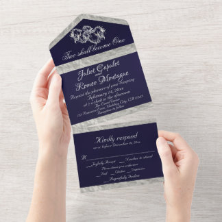 Invitation Tout En Un Double Hearts & Ribbon - Navy/Silver