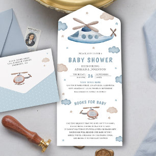 Invitation Tout En Un Douce Baby Shower Rétro Vintage Hélicoptère Bleu
