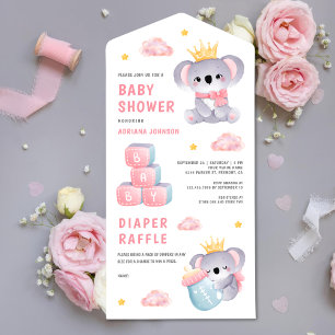Invitation Tout En Un Douce Reine Rose Koala Ours Fille Baby Shower