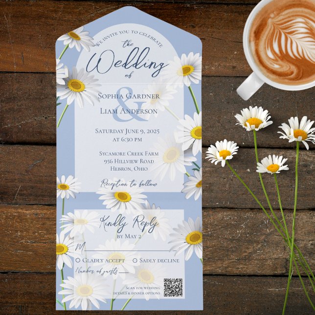 Invitation Tout En Un Doux marguerites sur bleu pâle avec code QR (Créateur téléchargé)