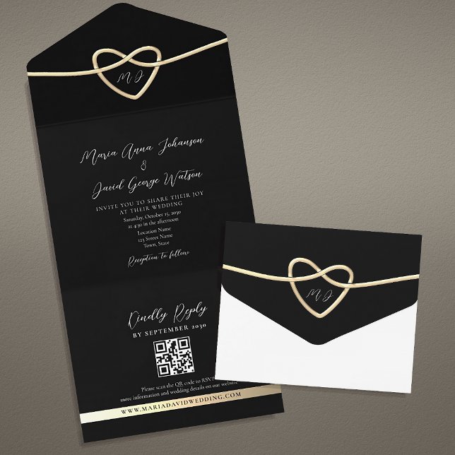 Invitation tout-en-un du Mariage noir Monogram Gol (Créateur téléchargé)