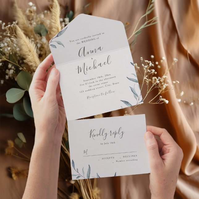 Invitation Tout En Un Dusty bleu verdure minimum mariage rustique (Dusty blue minimal greenery rustic wedding all in one invitation)