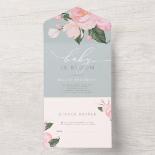 Invitation Tout En Un Dusty Blue Blush Floral Girl Baby in Bloom Douche