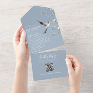 Invitation Tout En Un Dusty Blue Chinoiserie Floral QR Code Mariage