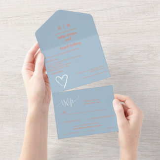 Invitation Tout En Un Dusty Blue et Peach All in One Wedding Inviter