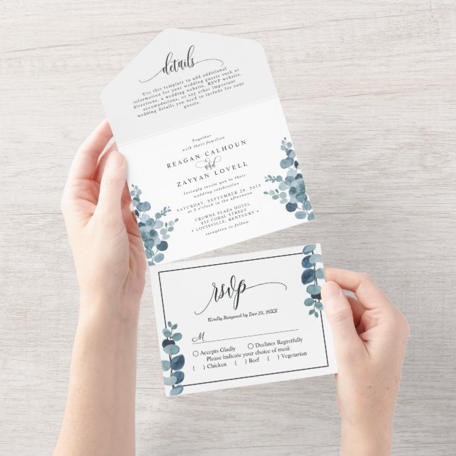 Invitation Tout En Un Dusty Blue Eucalyptus Mariage de verdure (Déchirure)
