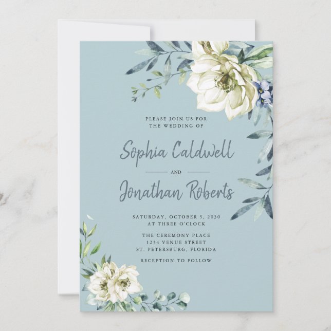 Invitation Tout en un Dusty Blue Eucalyptus Mariage Floral (Devant)