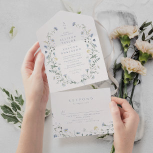 Invitation Tout En Un Dusty Blue Fleur sauvage Rustic Boho Mariage monog