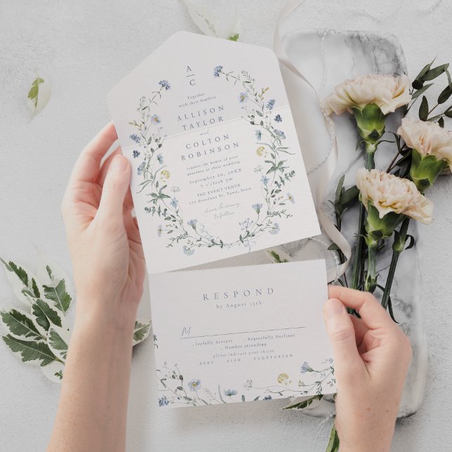 Invitation Tout En Un Dusty Blue Fleur sauvage Rustic Boho Mariage monog (Dusty Blue Wildflower Rustic Boho Wedding monogram All In One Invitation)