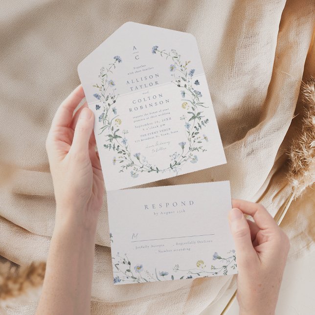 Invitation Tout En Un Dusty Blue Fleur sauvage Rustic Boho Mariage monog (Dusty Blue Wildflower Rustic Boho Wedding monogram All In One Invitation)