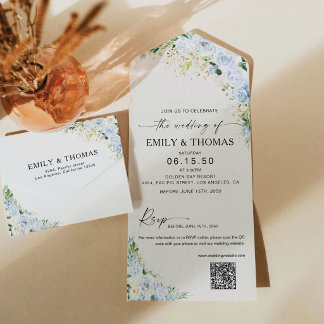 Invitation Tout En Un Dusty Blue Floral All in One Wedding Invite