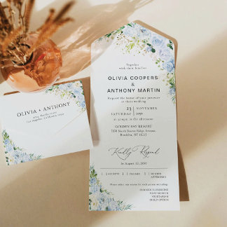 Invitation Tout En Un Dusty Blue Floral All in One Wedding Invite