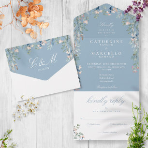 Invitation Tout En Un Dusty Blue Floral Greenery Cascade Mariage