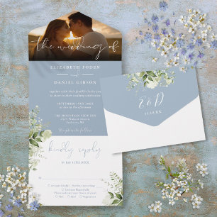 Invitation Tout En Un Dusty Blue Floral Greenery Photo Mariage