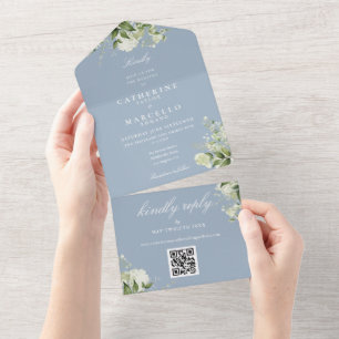 Invitation Tout En Un Dusty Blue Floral Greenery QR Code Mariage