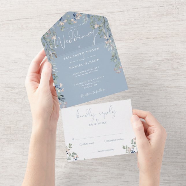 Invitation Tout En Un Dusty Blue Floral Greenery Script Mariage (Déchirure)