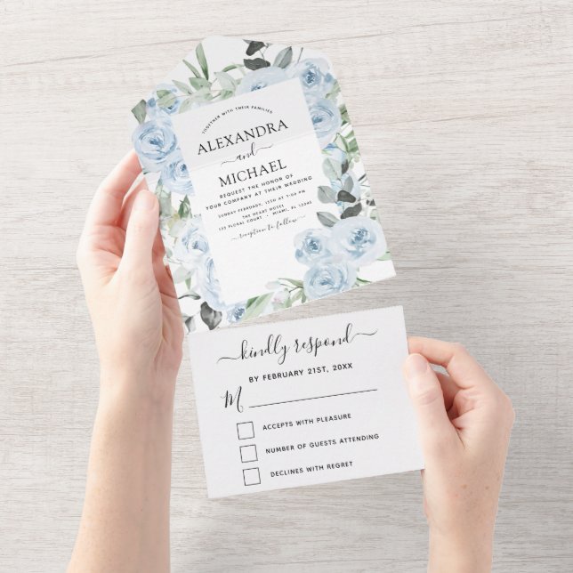 Invitation Tout En Un Dusty Blue Floral Greenery Wedding RSVP (Déchirure)