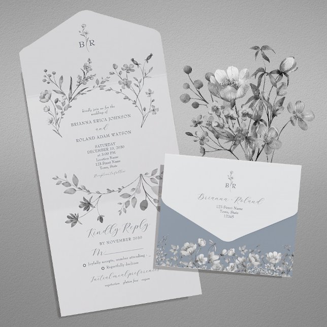 Invitation Tout En Un Dusty Blue Floral Mariage All-in-One (Créateur téléchargé)