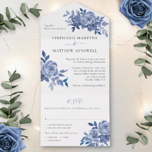 Invitation Tout En Un Dusty Blue Floral Rose Mariage de feuillage