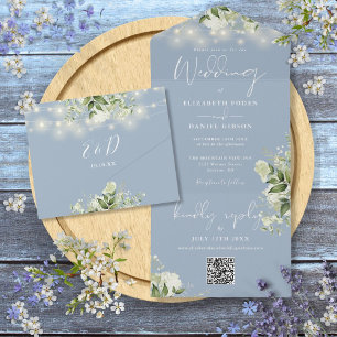 Invitation Tout En Un Dusty Blue Floral String lights QR Code Mariage