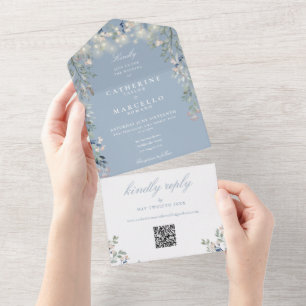 Invitation Tout En Un Dusty Blue Floral String lights QR Code Mariage