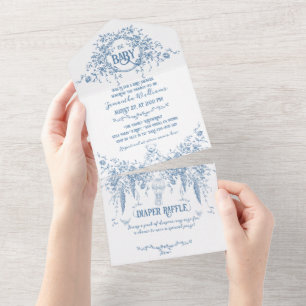 Invitation Tout En Un Dusty Blue Floral Vintage Teddy Bear Baby shower
