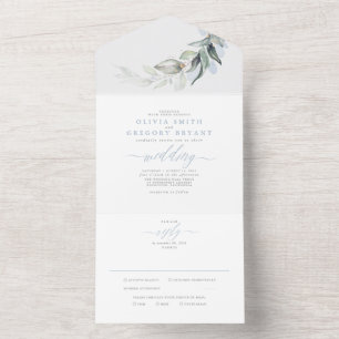 Invitation Tout En Un Dusty Blue Gold Greenery Feuilles Mariage élégant