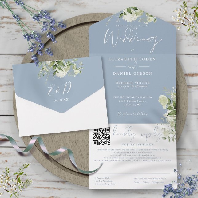 Invitation Tout En Un Dusty Blue Green Monogram QR Code Mariage (Dusty Blue Greenery Monogram QR Code Wedding All In One Invitation)