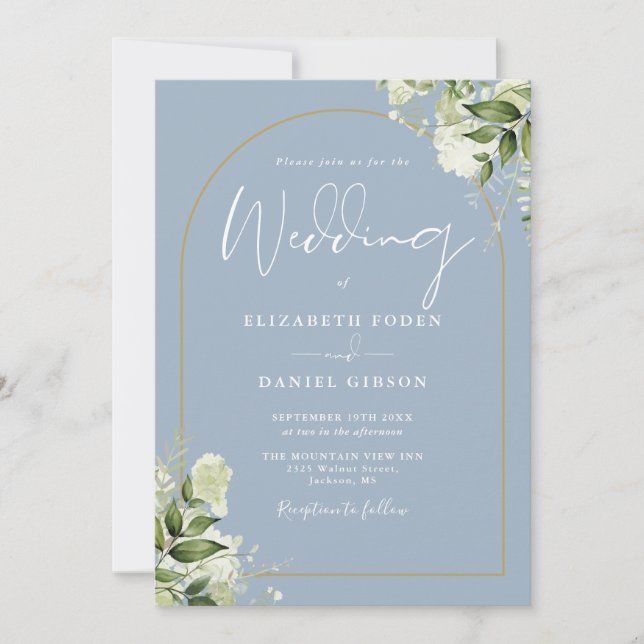 Invitation Tout en un Dusty Blue Greenery Arch Mariage photo (Devant)