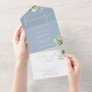 Invitation Tout En Un Dusty Blue Greenery Floral Monogram Mariage