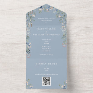 Invitation Tout En Un Dusty Blue Greenery Floral QR Code Mariage