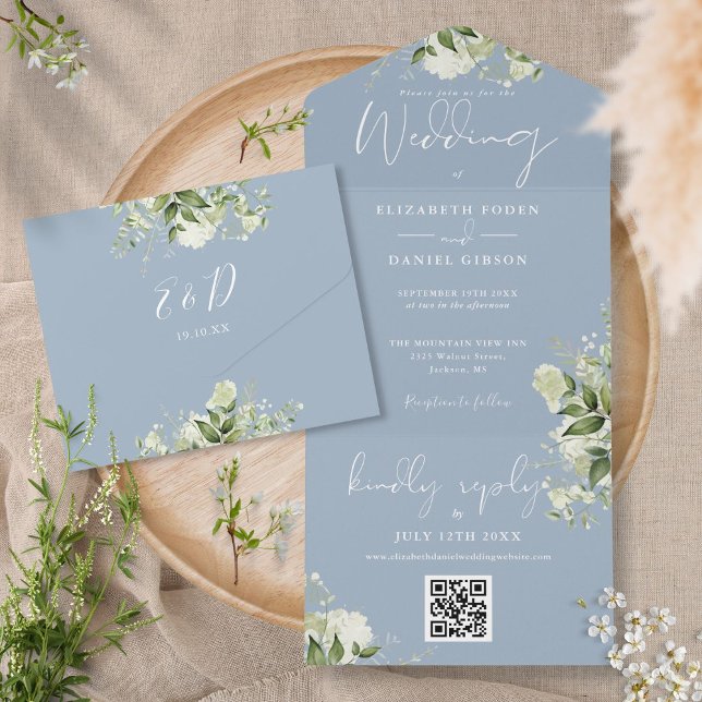Invitation Tout En Un Dusty Blue Greenery QR Code Monogramme Mariage (Créateur téléchargé)