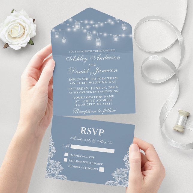 Invitation Tout En Un Dusty Blue Mason Jar String Mariage de dentelle (All In One Wedding Invitation with tear off RSVP Card)