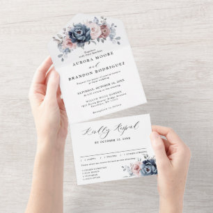 Invitation Tout En Un Dusty Blue Mauve Rose rose ardoise Mariage floral