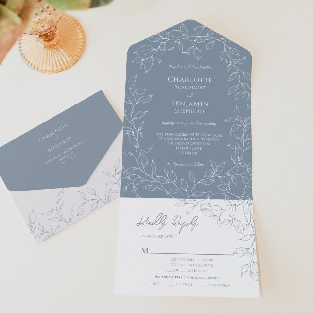 Invitation Tout En Un Dusty Blue Minimal Leaf Mariage Entree Choice (Créateur téléchargé)
