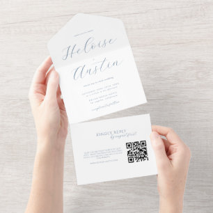 Invitation Tout En Un Dusty Blue Minimalist QR Code Tout en un invitatio