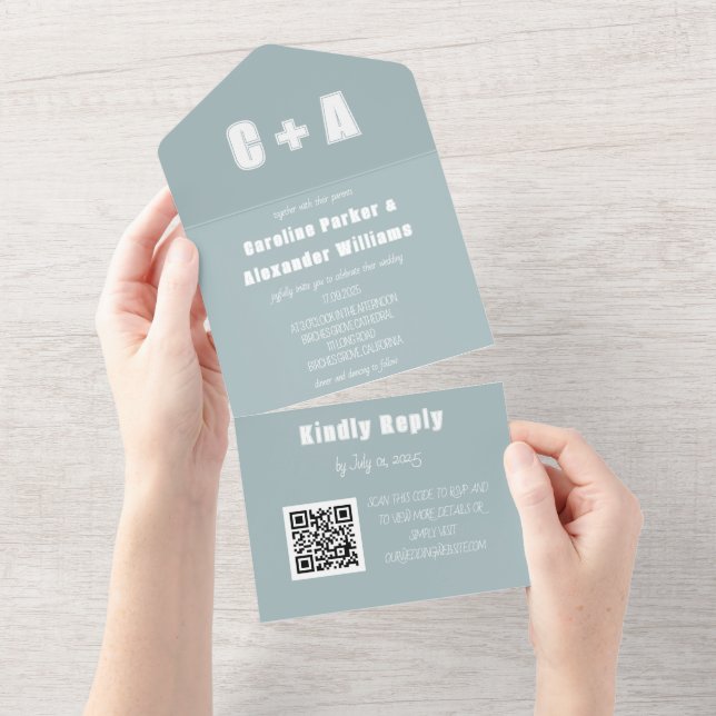 Invitation Tout En Un Dusty Blue Modern QR Code Bold Élégant (Déchirure)